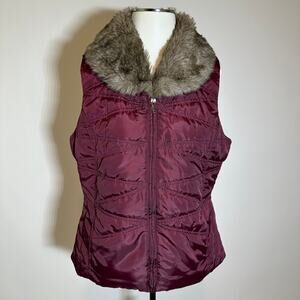 Exertek Maroon Faux Fur Trim Puffer Vest Full Zip Lightweight Womens Size Large